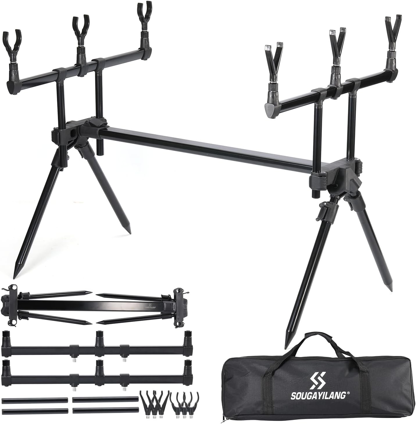 3 Rod Pod Carp Fishing Rod Pod - Adjustable Height & Length, with Carry Case and 6 Rods Rest Heads + 5m PVA Mesh Refill - Suitable for Carp