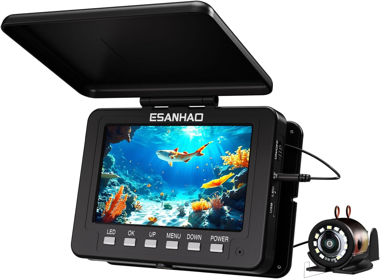 Underwater Fishing Camera, 5 Inch Portable Fish Finder with 12pcs LED Light, 1000TVL HD IP68 Waterproof Night Vision Camera for Ice, River and Boat