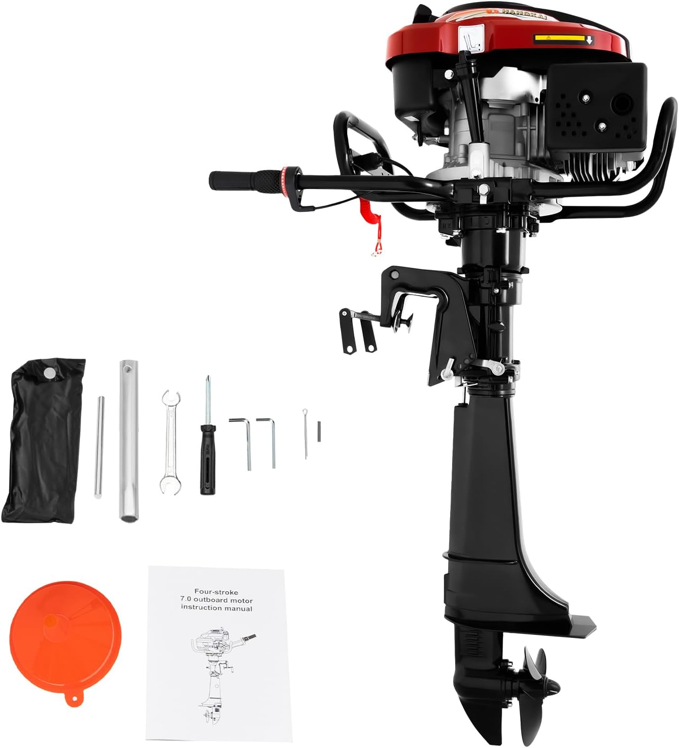 Fridgestea 4 Stroke 7HP Outboard Motor, 196CC Petrol Boat Engine, Air Cooling Trolling Motor, TCI Ignition System, Long Shaft for Inflatable Boats, Fishing