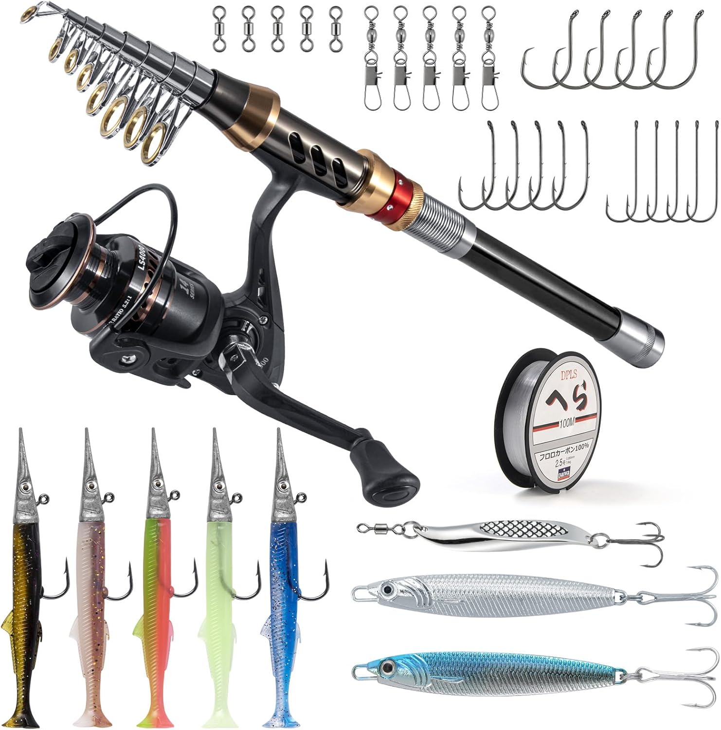 Alwonder Telescopic Spinning Rod and Reel Combo Sea Saltwater Fishing Rod Set up Kit with Sea Fishing Jig Spoon Lures, Travel Angling Gear Equipment