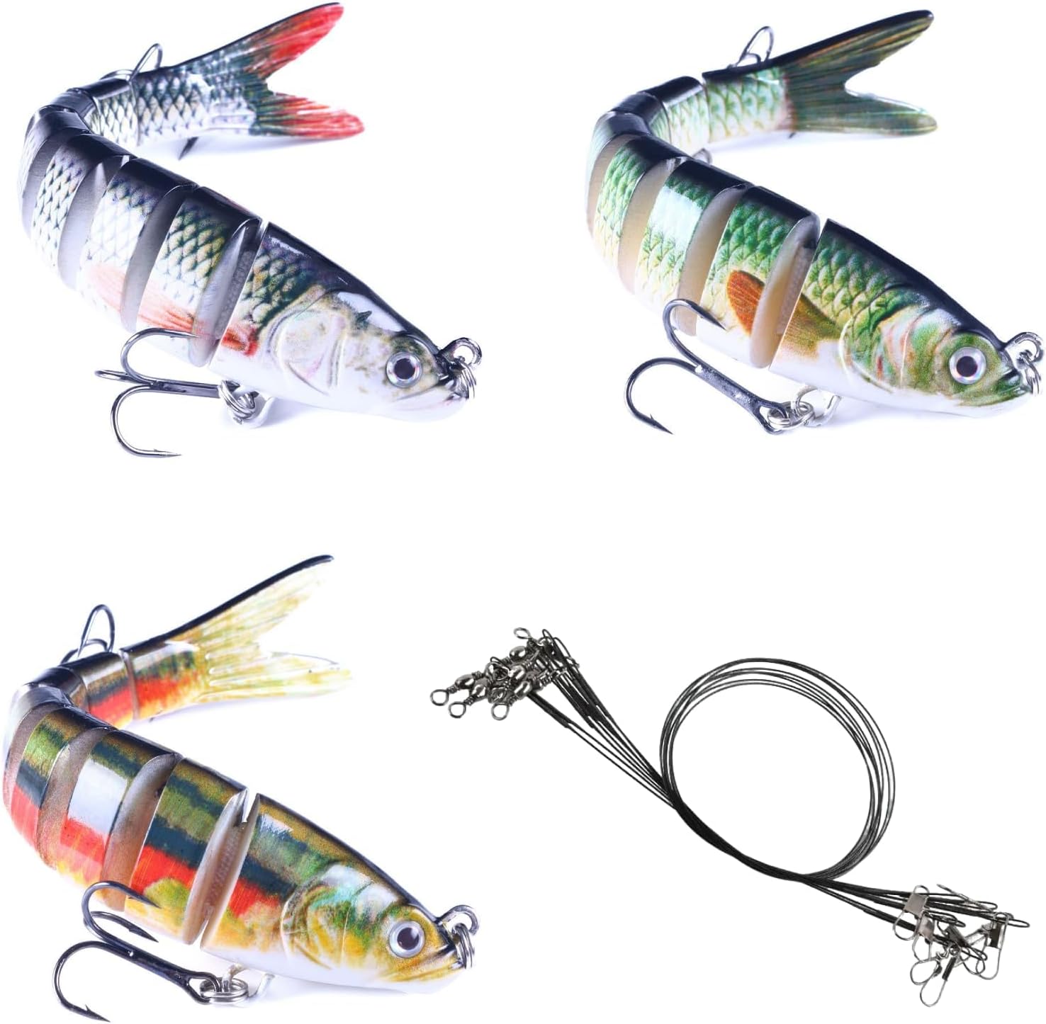 3Pcs Multi Jointed 3D Lifelike Fishing Swimbaits Lures with Storage Box and 9Pcs Black Steel Wire Leaders, Artificial Sinking Hard Lures for Bass, Pike,