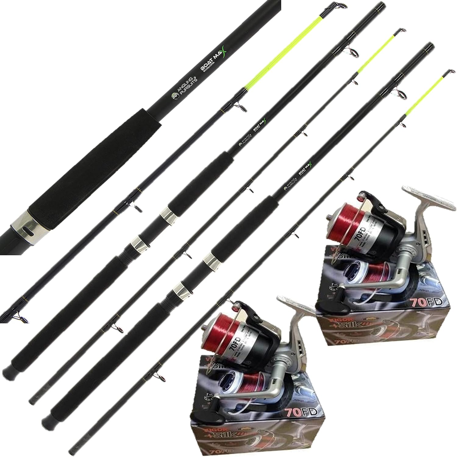 Angling Pursuits 2 Sea Fishing Boat Rods 6FT Yellow Tip Boat Max Beach + 2 Silk 70 Sea Red Reels