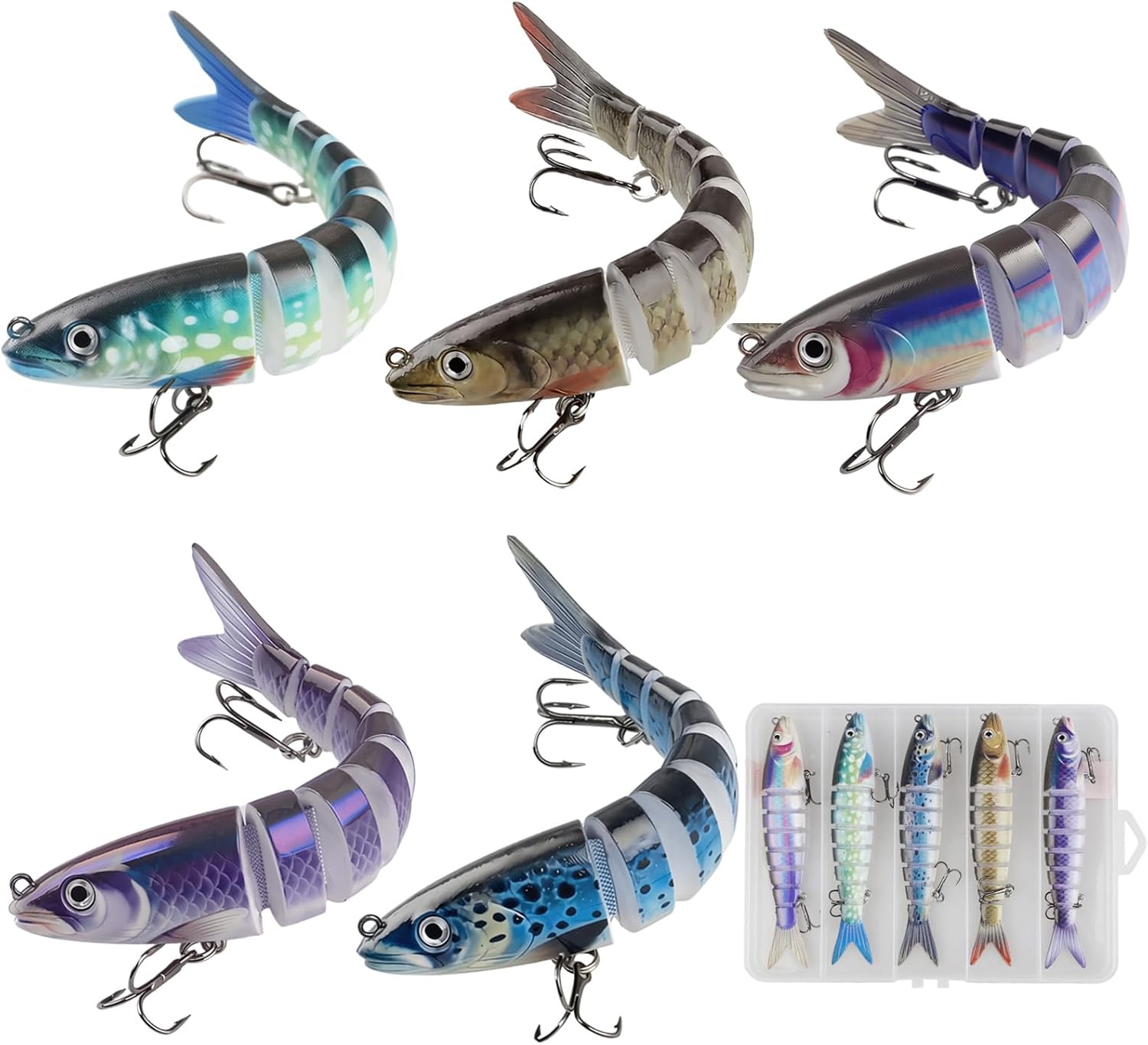 5pcs Pike Fishing Lures Fishing Bait for Bass Set with Hooks, Slow Sinking 8 Segment Jointed Swimbaits Lifelike Multi Pike Swimbait with Box for Freshwater.