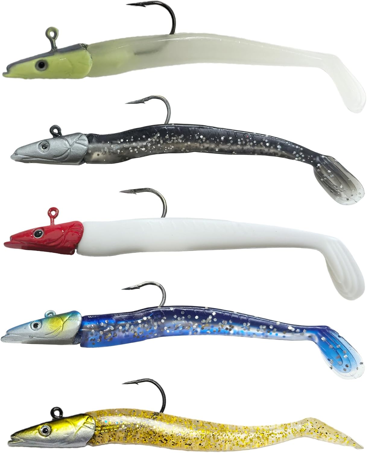 5pc 10g 22g Fishing Lures Cod Bass Wrasse Pollock Sea Fish Sandeels Paddle Tail Soft Silicone Jelly Single Hook Soft Realistic Swimbait Mackerel Swim Action