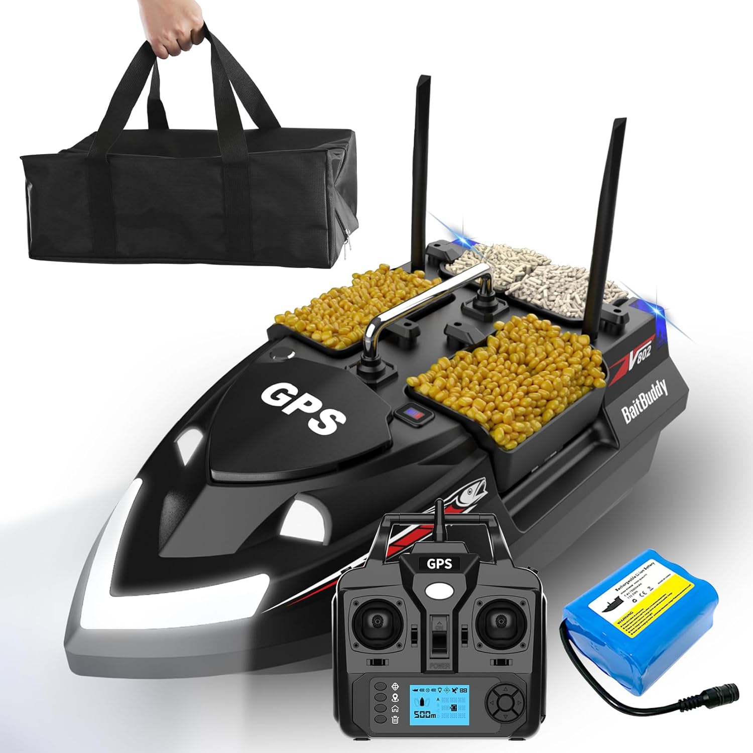 GPS Smart RC Fishing Bait Boat, Auto Cruise Double Motor Dual Antennas 4 Hoppers Large Capacity LED Night Light Boat (Black, 18000 mAh)