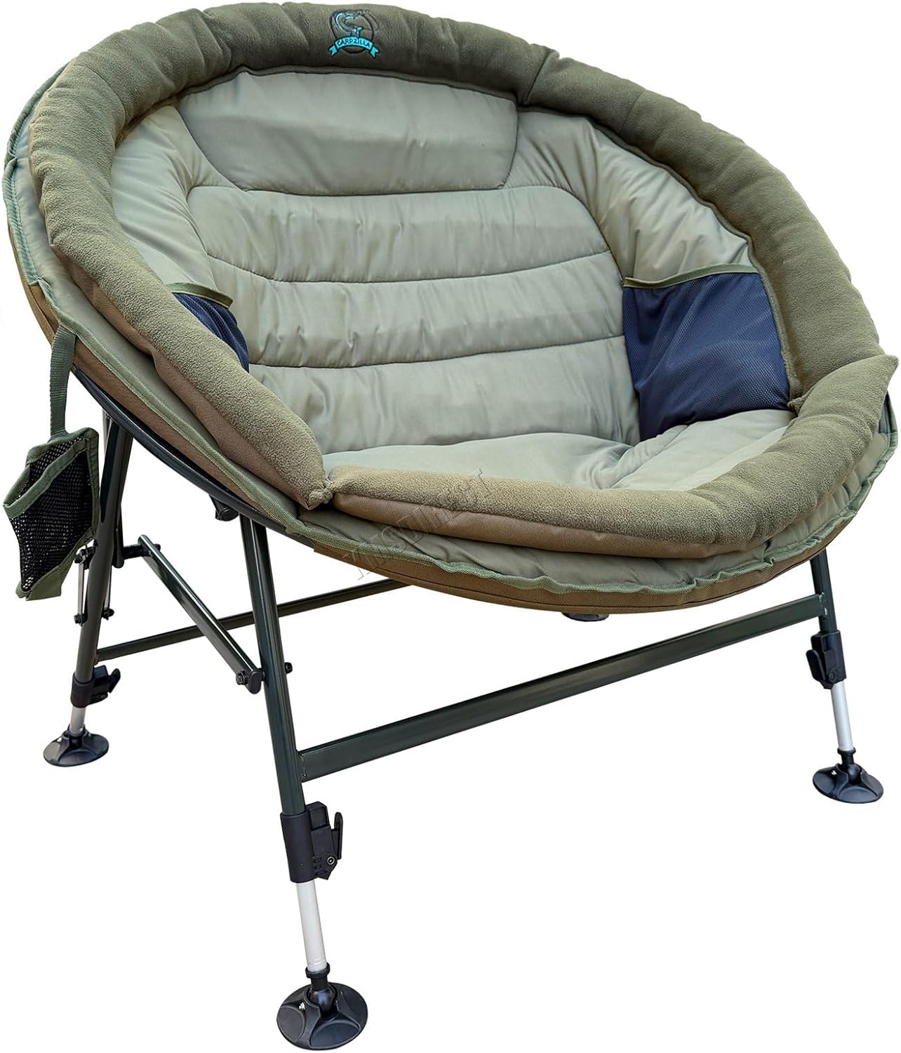 CARPZILLA Foldable Folding Wide Round Fishing Chair Sunchair Moon Chair Adjustable Legs Rotating Feet 220g Fleece Padding Pockets Bottle Holder Oxford.