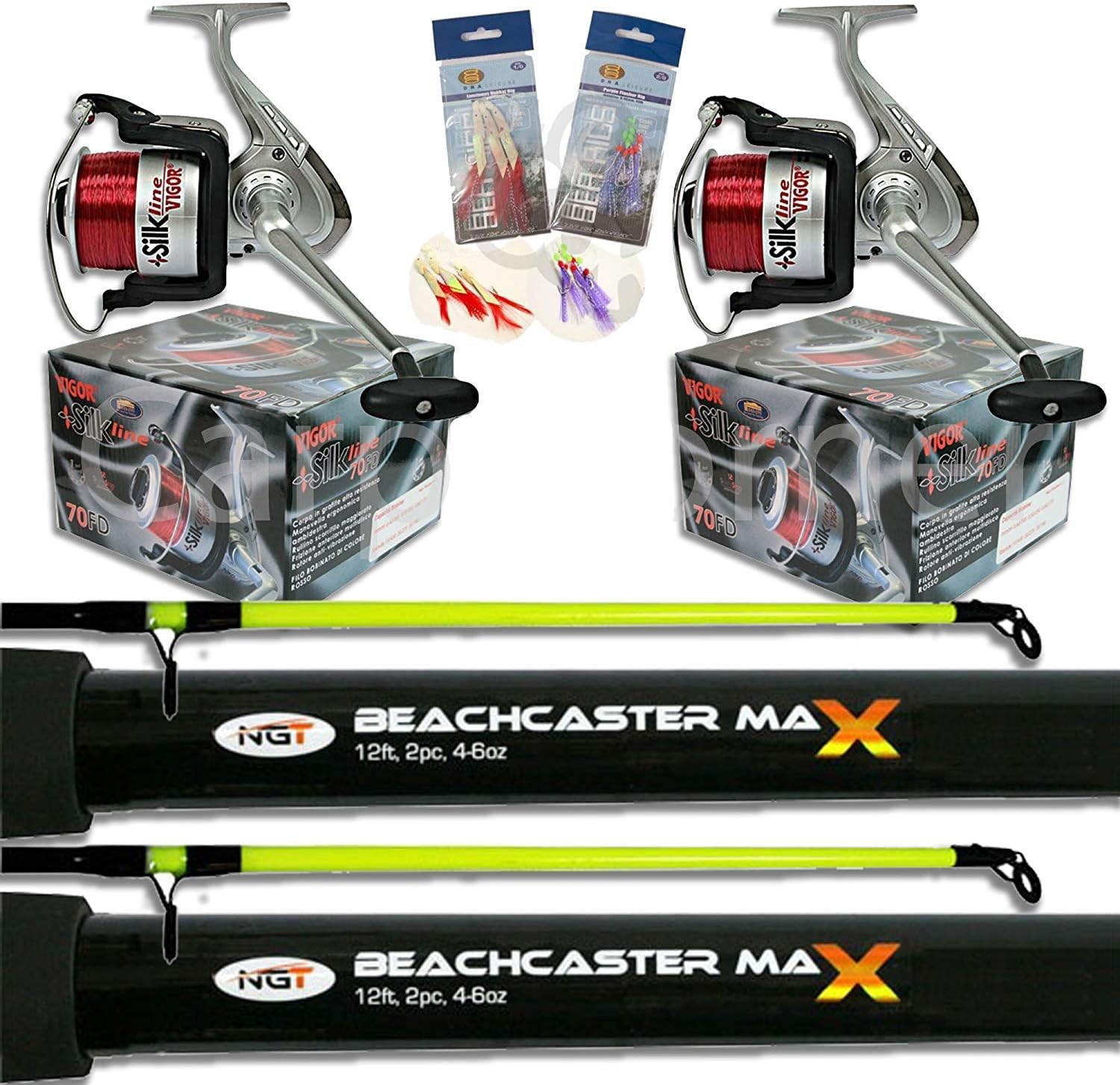 2 x 2pc12ft 4-6oz Beachcaster Rods Sea Fishing Reels Loaded Line Combo Setup