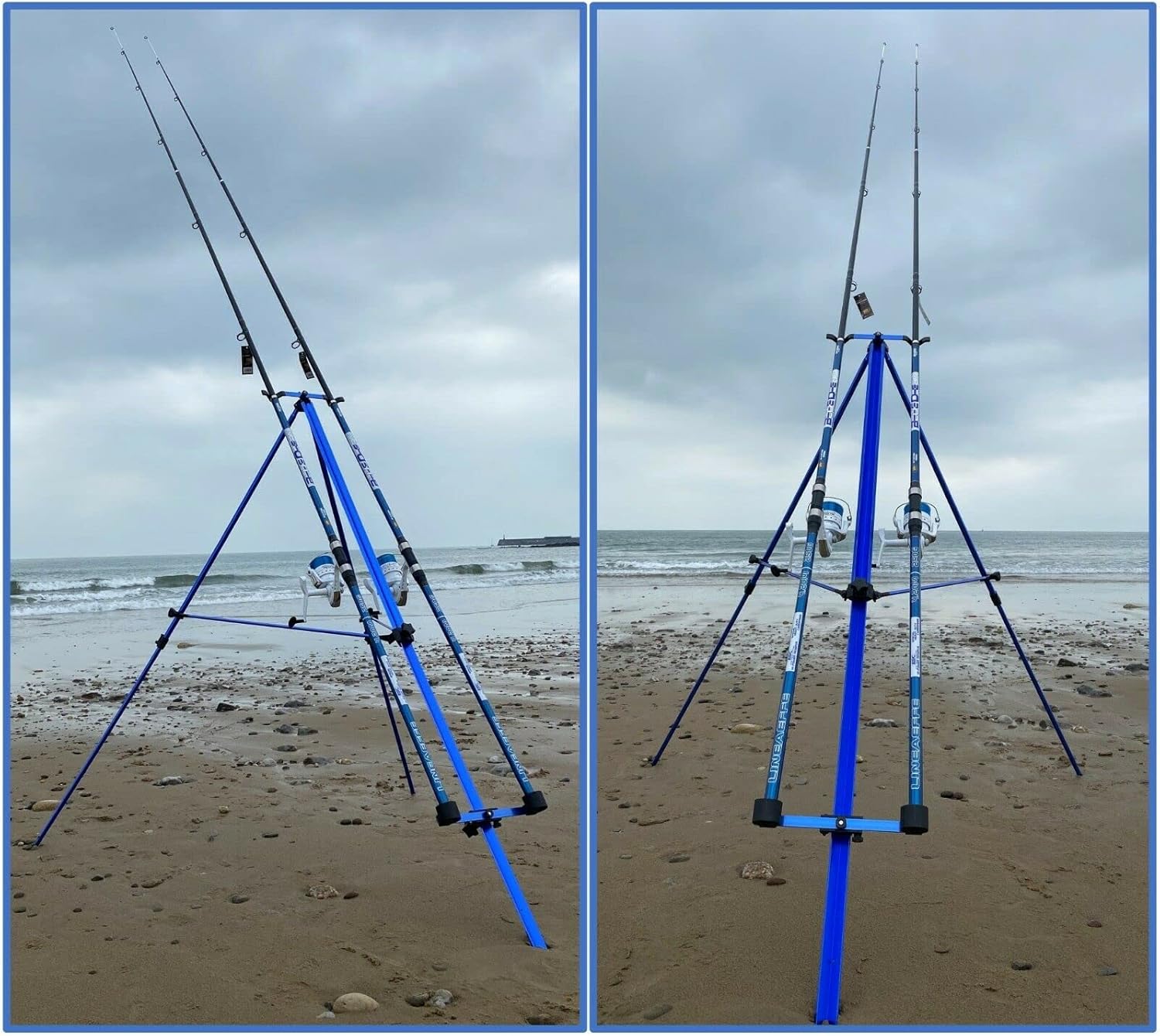 DELUXE SEA FISHING SET 2 14FT BEACHCASTER RODS + 2 SK7000 SEA REELS BLUE TRIPOD