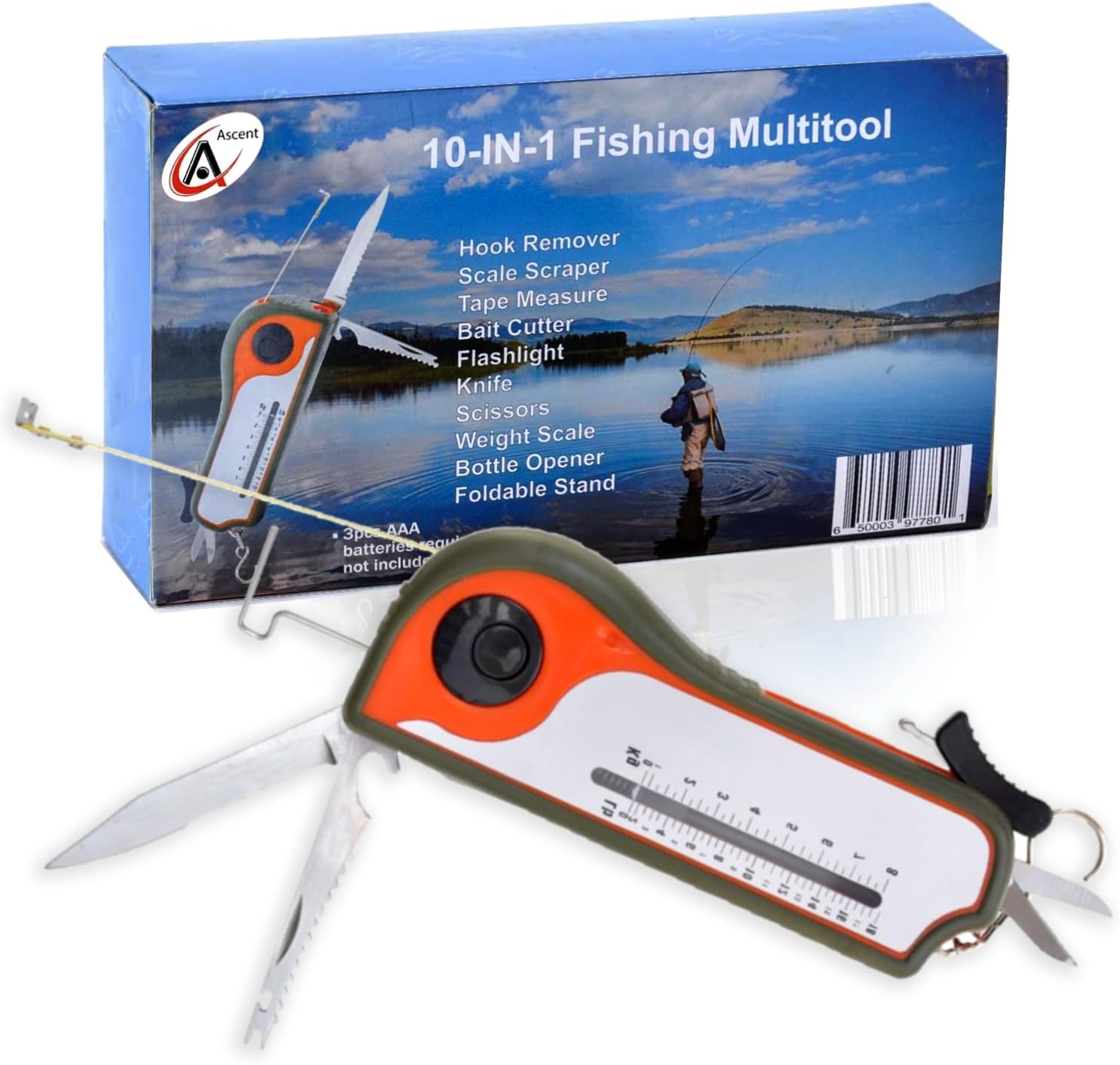 Fishing Gift Tool Fisherman Multitool - Hook Remover, Scale Scraper, Tape Measure, Bait Cutter, Flashlight, Scissors, Weight Scale, Bottle Opener, Gift