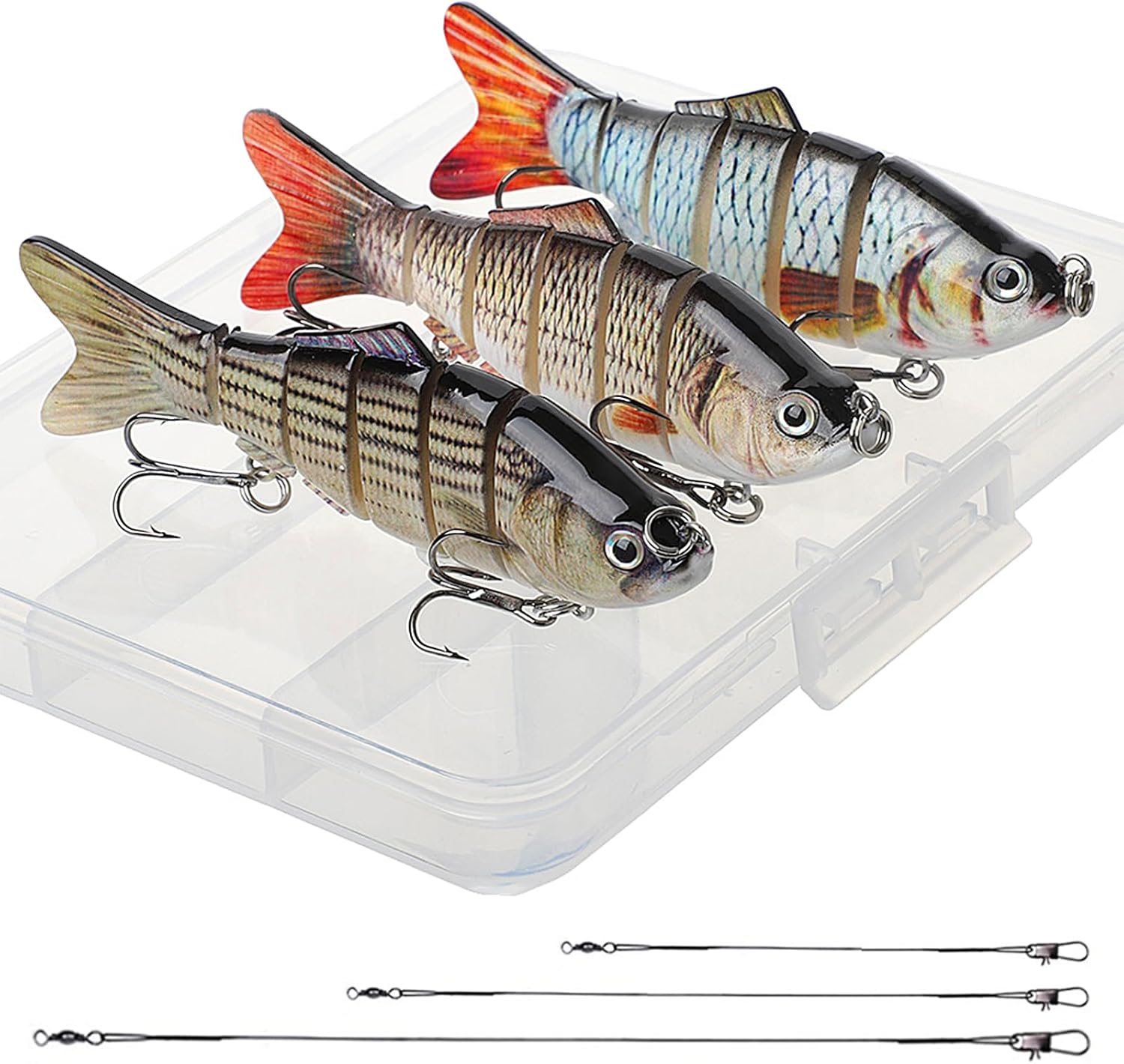 Realure 3 Pcs Multi Jointed Pike Fishing Lures with 15cm 23cm 30cm Wire Traces Pike Lures Sets 3D Artificial Lures with Hooks Slow Sinking Lure with Wobbler.