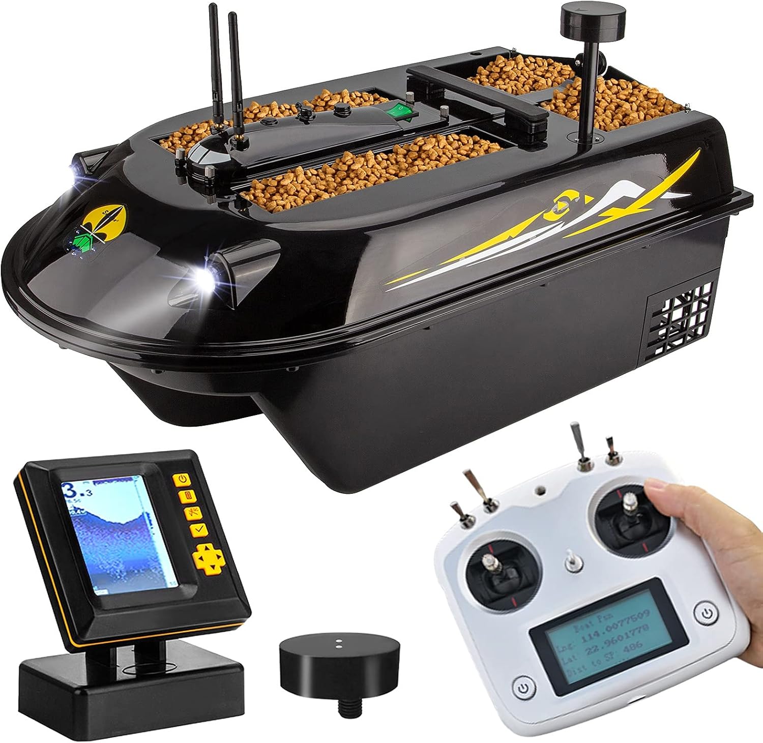 RC Bait Boat with Sonar Fish Finder and Auto Navigation, 3-Hull Design, 8kg Loading Capacity, 600M Remote Control Distance for Smart Sea Fishing