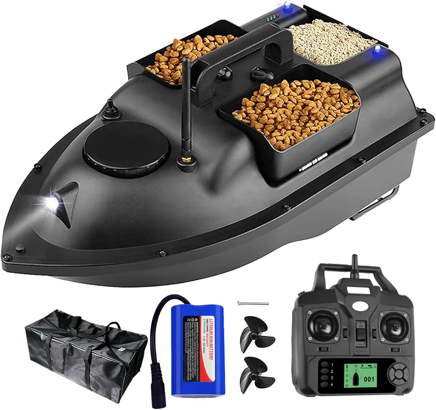 FUMENG GPS Smart RC Fishing Bait Boat,Auto Cruise Double Motor Three Hoppers Large Capacity LED Night Light Boat,12000mAh