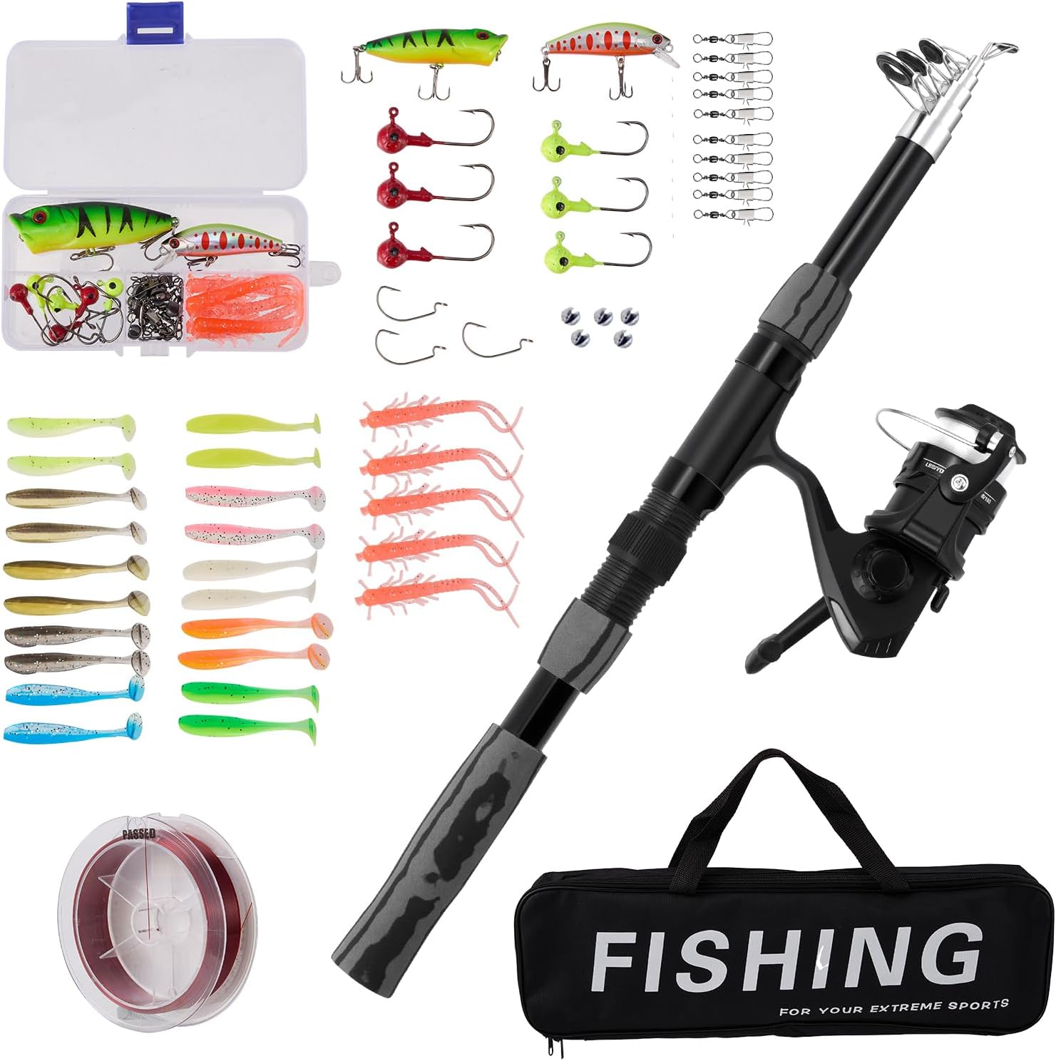 2.1M Fishing Telescopic Rod and Reel Combos,Portable Fishing Pole Kit with Fishings Line, Fishing Lures Kit & Accessories and Carrier Bag for Travel