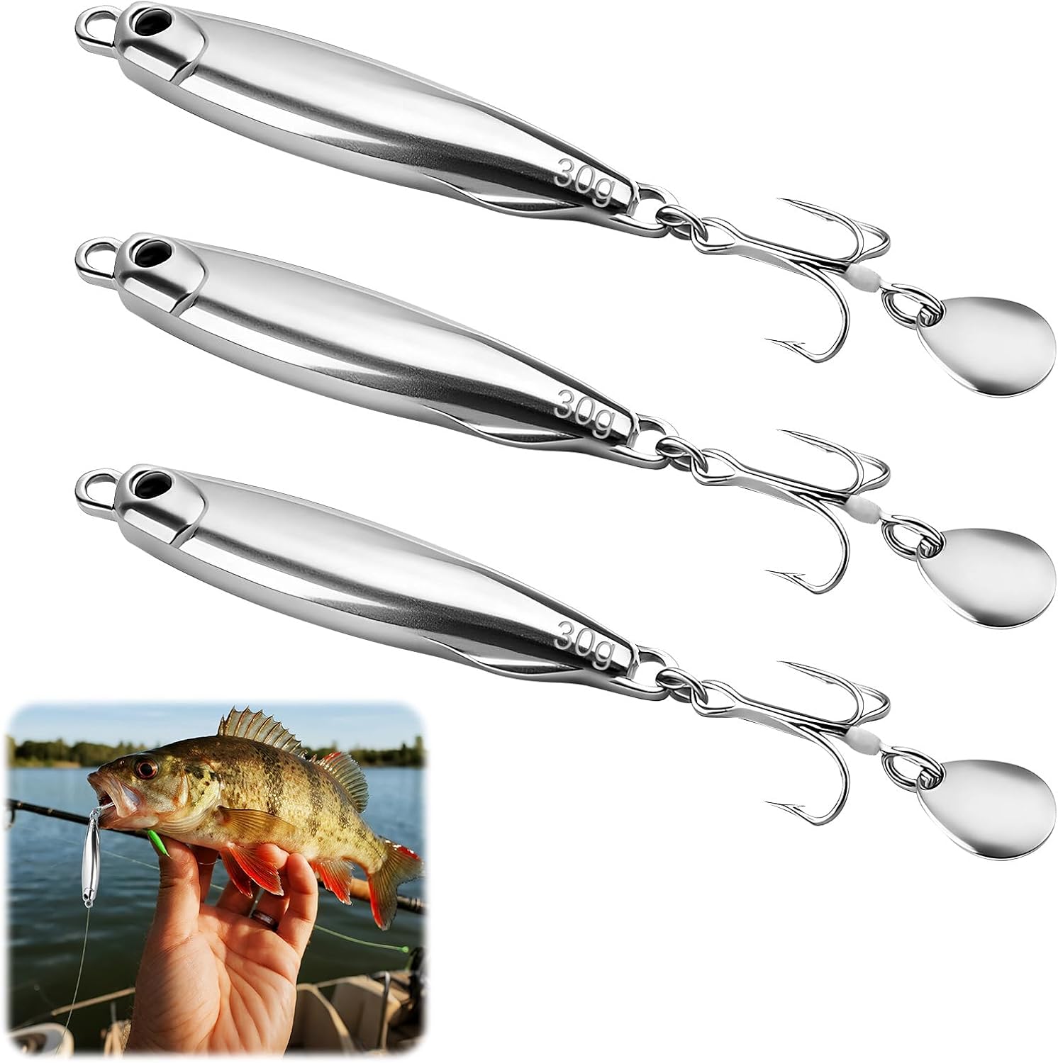3 PCS Metal Silver Sea Fishing Lures, Treble Hooks Casting Spinners Metal Jigs, Featuring Bright Vibrations, Sea Fishing Lures for Mackerel, Bass, Cod