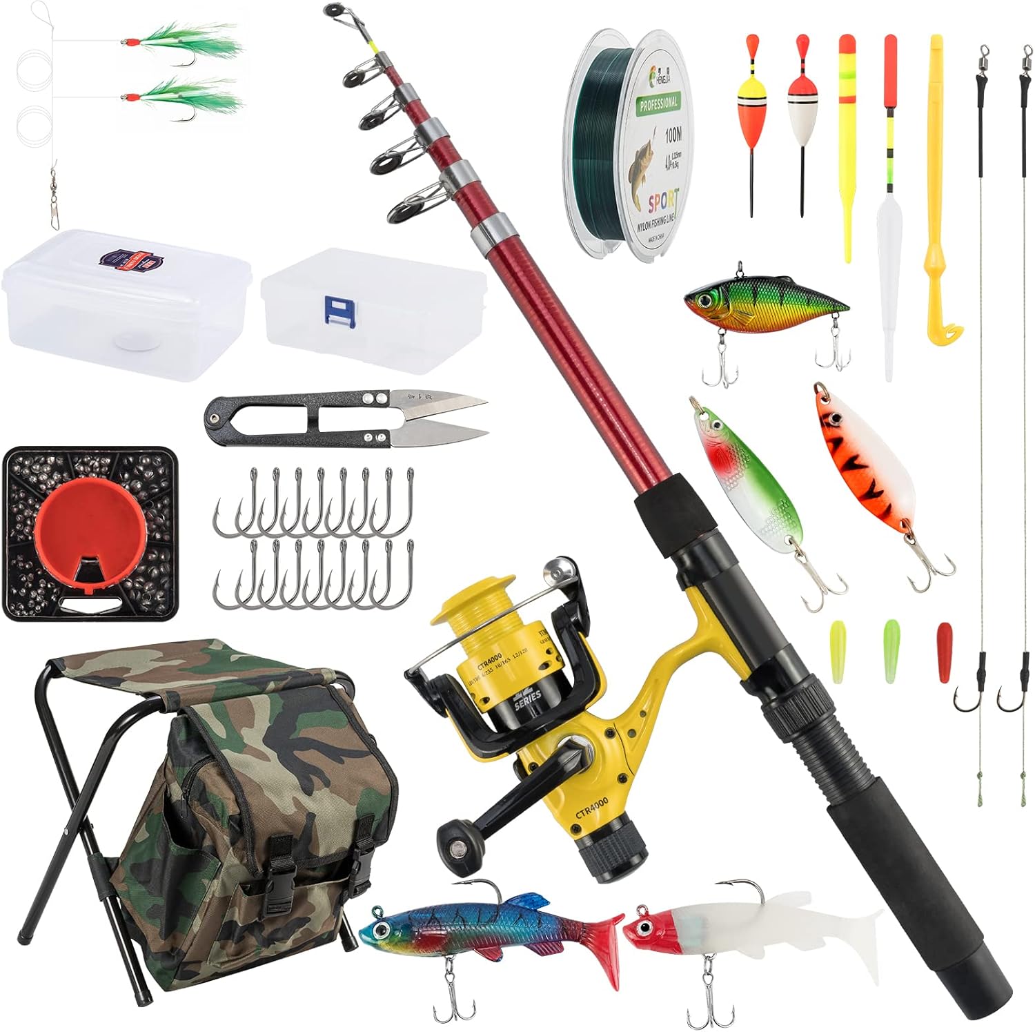 Alwonder All-round Fishing Rod and Reel Combo Telescopic Fishing Rod and Spinning Reel Complete Set with Lure Kits Fully Accessories in Tackle Box