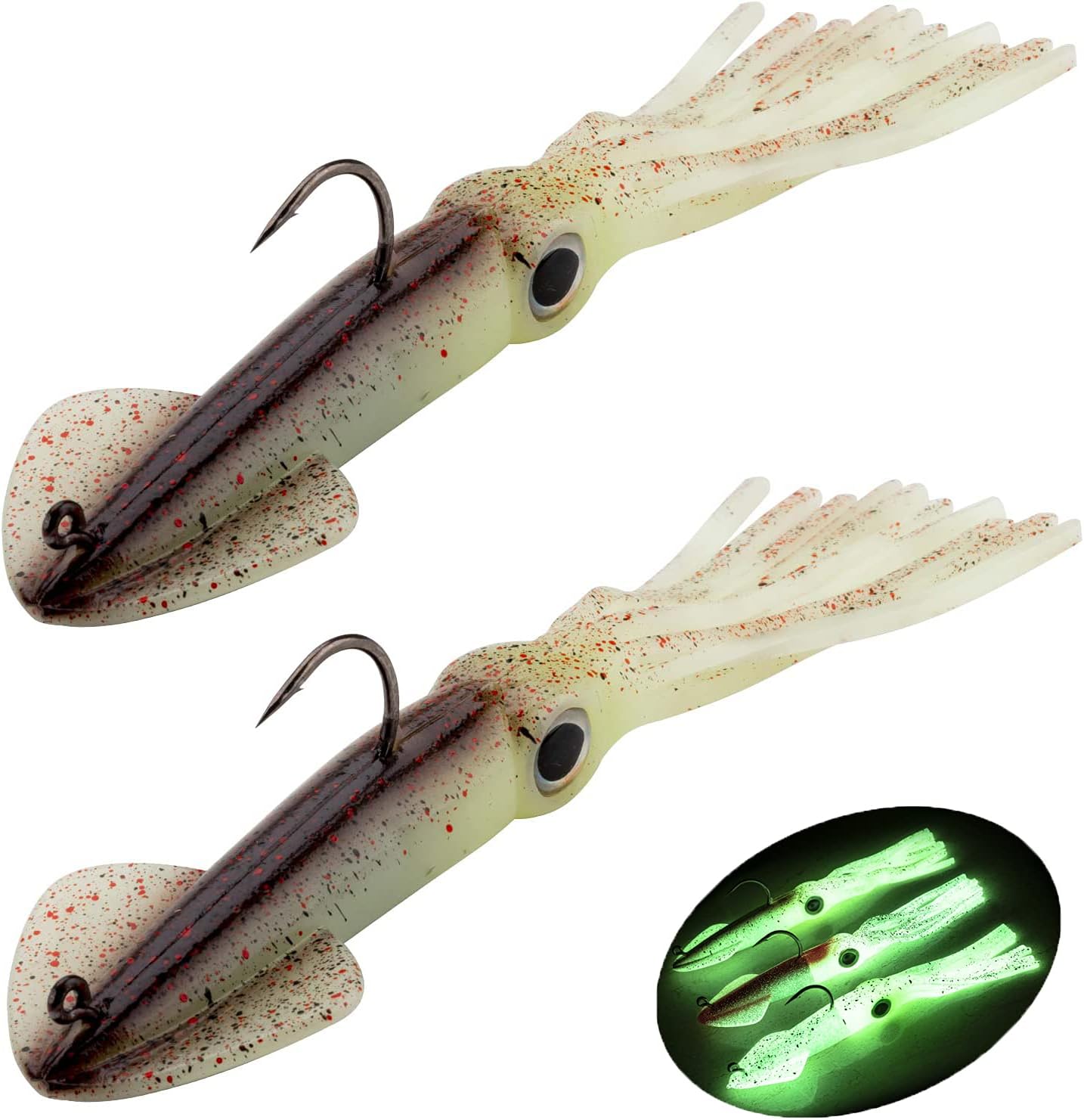Fishing Squid Lures Kit Pre-rigged Squid Lure Glow In the Dark Squid Jig Octopus Artificial Bait Saltwater Sea Fishing Lures Sinking Lure 35g 2Pcs