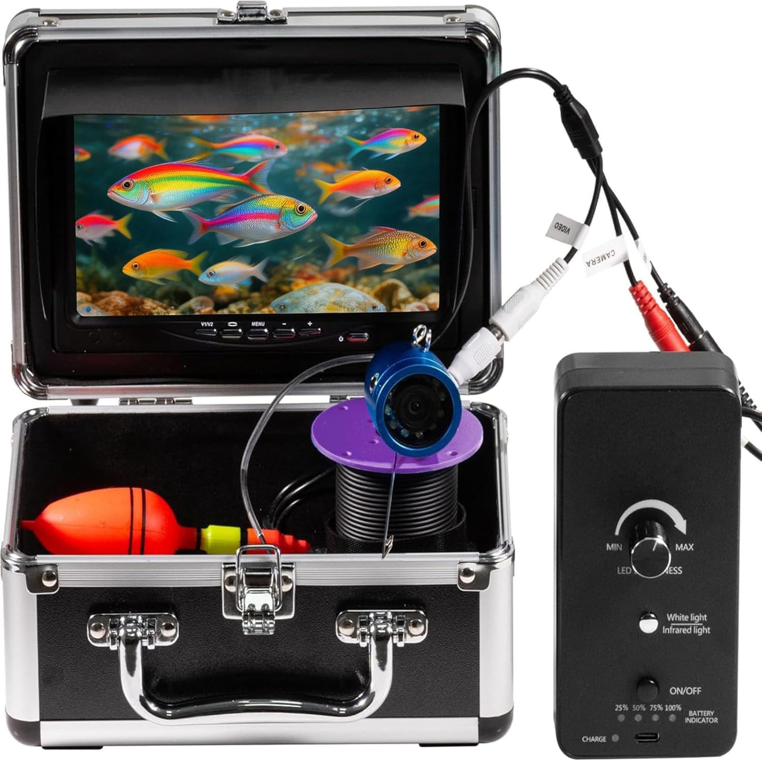 Underwater Fishing Camera,7 Inch IPS Display and Fishing Tackle Box,24 LightsWaterproof Fish Finder Video Camera for Ice River and Boat Kayak Fishing(15M)