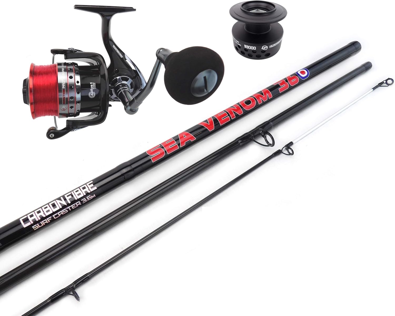 Hunter Pro 12ft Carbon Surf Beach Caster Rod & Sea Fishing Reel + Spare Spool & Line. Hunter Pro