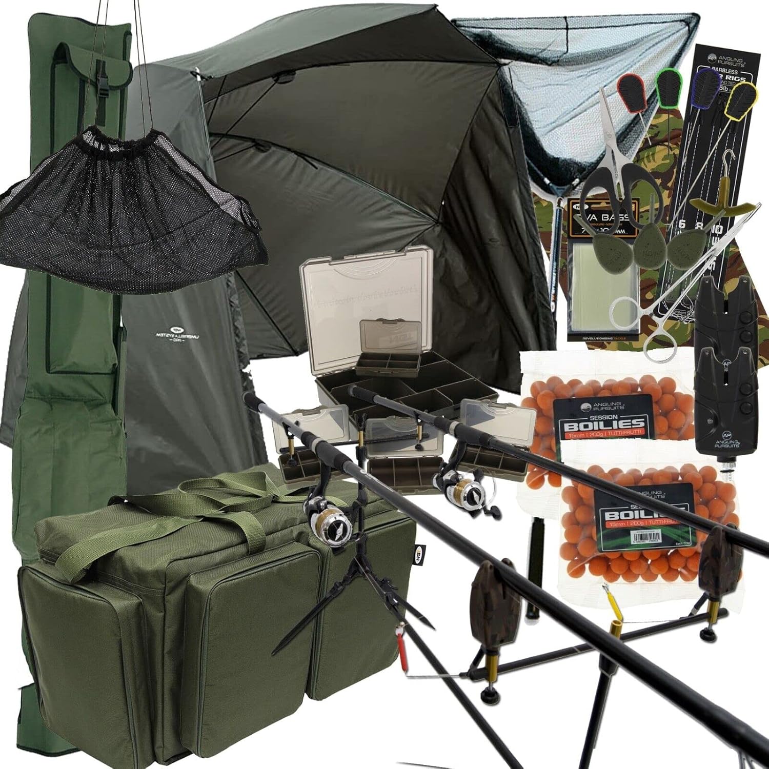 Carp Fishing Setup 3pc 12ft 2/3 Rods & Reels Bite Alarms Net Pod Carryall Bag Rod Holdall Brolly & Tackle Complete Set