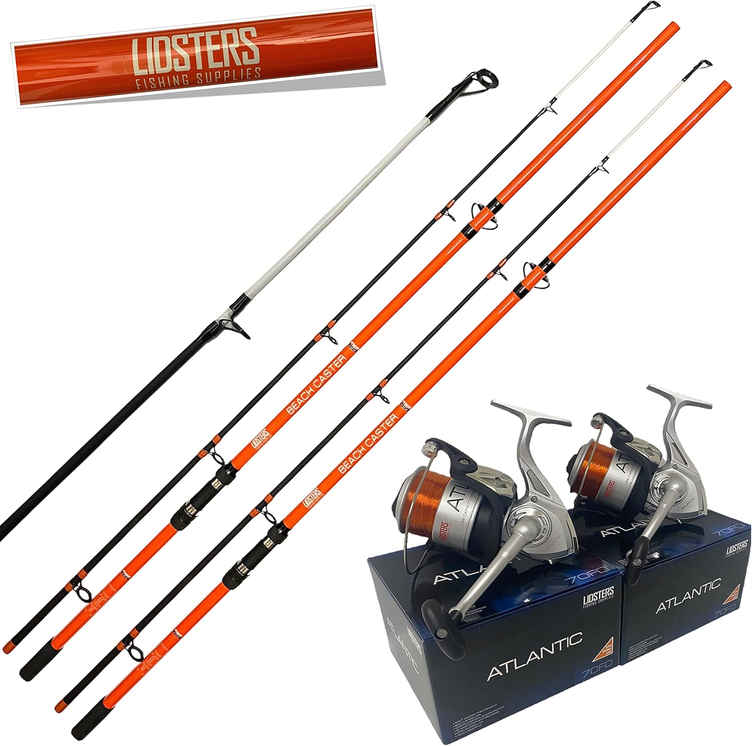 Lidsters 2 Fishing Beachcaster Sea Beach Pier Fishing Rod 12ft 2pc Orange LFS PLUS 2 ATLANTIC ORANGE REELS