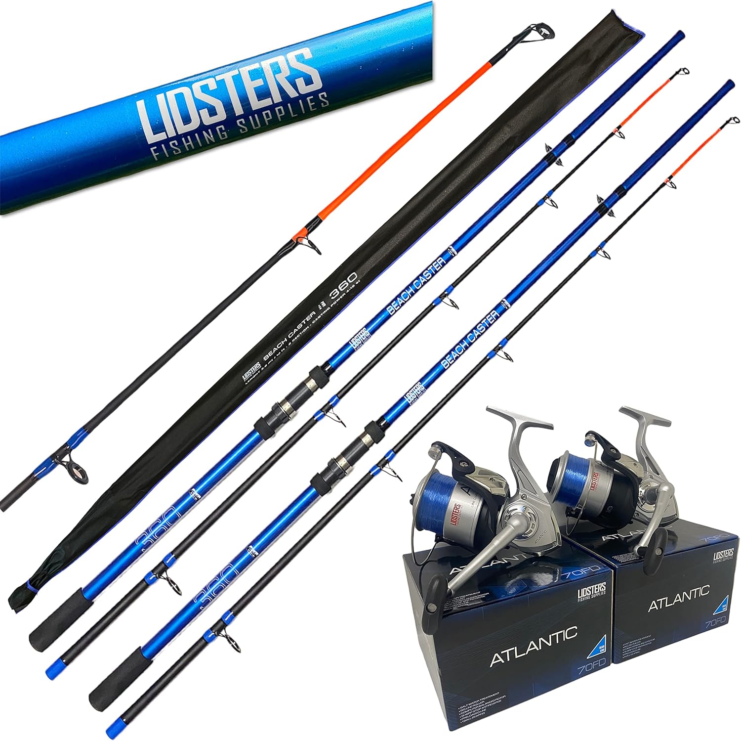 2 x LFS Beachcaster Sea Fishing Rod 12ft 2pc + 2 x Lidsters Atlantic 70 Sea Reel Blue